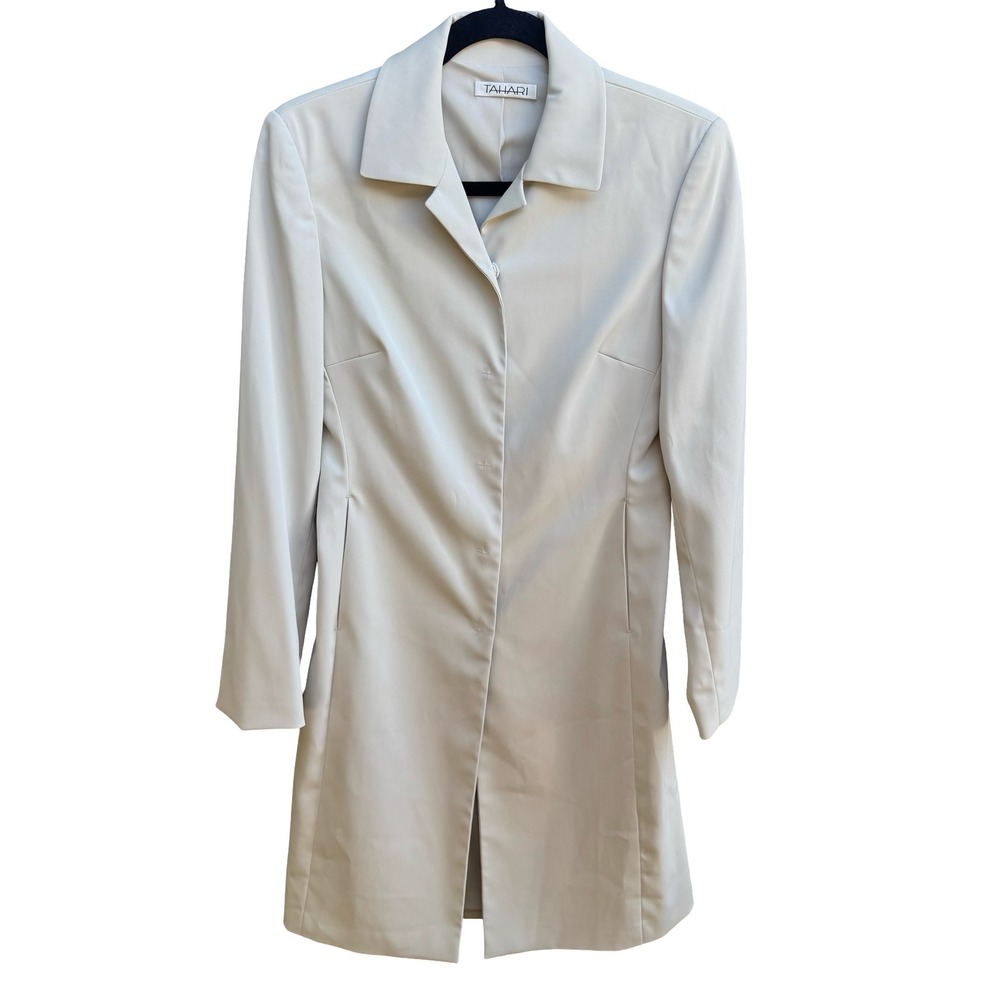 Tahari Minimalist Longline Quiet Luxury Tailored Neutral Blazer Jacket Coat 8